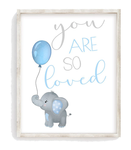 Watercolor Baby Elephant Nursery Decor Unframed Print - You Are So Loved in Blue and Gray Elephant with Balloon