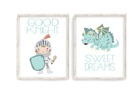 Good Knight Sweet Dreams Knight and Dragon Nursery or Little Boys Rooms Decor Set of 2 Unframed Prints