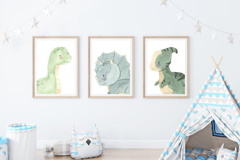 Watercolor Dinosaur Nursery Childrens Decor Set of 3 Unframed Dino Prints