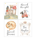 American Personalized Watercolor Fairytale Sir Knight and Castle Nursery Set of 4 Unframed Prints, Coat of Arms