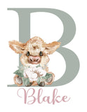 Personalized Watercolor Highland Cow Rustic Cotton Farmhouse Baby Girl Nursery Unframed Print - Baby Name Letter Initial Monogram