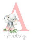 Personalized Watercolor Elephant Tropical Floral Baby Girl Nursery Unframed Print - Baby Name Initial Monogram