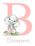 Personalized Watercolor Elephant Tropical Floral Baby Girl Nursery Unframed Print - Baby Name Initial Monogram