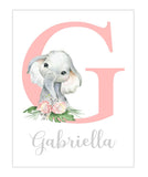 Personalized Watercolor Elephant Tropical Floral Baby Girl Nursery Unframed Print - Baby Name Initial Monogram