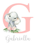 Personalized Watercolor Elephant Tropical Floral Baby Girl Nursery Unframed Print - Baby Name Initial Monogram