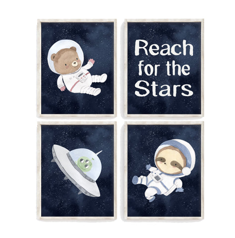 Reach for the Stars Sloth, Bear and Alien Watercolor Astronaut Outer Space Nursery Decor Set of 4 Unframed Prints