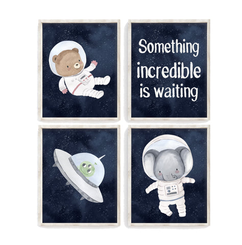 Something Incredible is Waiting Bear, Elephant and Alien Watercolor Astronaut Outer Space Nursery Decor Set of 4 Unframed Prints