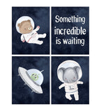 Something Incredible is Waiting Bear, Elephant and Alien Watercolor Astronaut Outer Space Nursery Decor Set of 4 Unframed Prints
