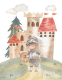 African American Personalized Watercolor Fairytale Sir Knight and Castle Nursery Set of 4 Unframed Prints, Coat of Arms