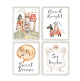 African American Personalized Watercolor Fairytale Sir Knight and Castle Nursery Set of 4 Unframed Prints, Coat of Arms