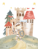 American Personalized Watercolor Fairytale Sir Knight and Castle Nursery Set of 4 Unframed Prints, Coat of Arms