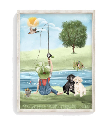 Boy Fishing with Black and Yellow Lab Watercolor Fishing Nursery Little Boys Room Unframed Print, Rustic Outdoor Nautical Themed Decor