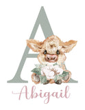 Personalized Watercolor Highland Cow Rustic Cotton Farmhouse Baby Girl Nursery Unframed Print - Baby Name Letter Initial Monogram