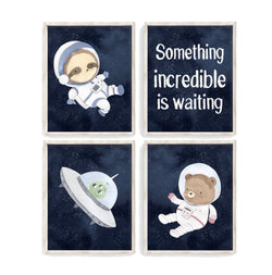 Something Incredible is Waiting Sloth, Bear and Alien Watercolor Astronaut Outer Space Nursery Decor Set of 4 Unframed Prints