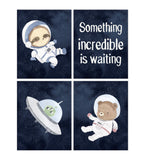 Something Incredible is Waiting Sloth, Bear and Alien Watercolor Astronaut Outer Space Nursery Decor Set of 4 Unframed Prints