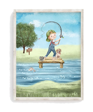 Boy Fishing with Puppy Dog Watercolor Fishing Nursery Little Boys Room Unframed Print, Rustic Outdoor Nautical Themed Decor