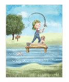 Boy Fishing with Puppy Dog Watercolor Fishing Nursery Little Boys Room Unframed Print, Rustic Outdoor Nautical Themed Decor