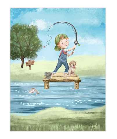 boy with fishing pole logo Boy Fishing with Puppy Dog Watercolor Fishing Nursery Little Boys Room – Pixie Paper Store