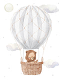 Watercolor Bear in Gray Hot Air Balloon Woodland Adventure Nursery Decor Unframed Print