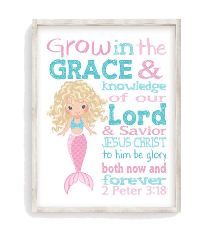 Watercolor Mermaid Christian Nursery Decor Unframed Print Grow in Grace and Knowledge 2 Peter 3:18