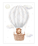 Watercolor Bear in Gray Hot Air Balloon Woodland Adventure Nursery Decor Unframed Print