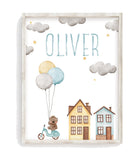 Bear on Scooter with Balloons Personalized Watercolor Nursery Decor Unframed Print