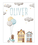 Bear on Scooter with Balloons Personalized Watercolor Nursery Decor Unframed Print