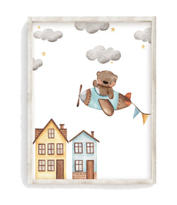 Bear Flying Airplane Watercolor Nursery Decor Unframed Print