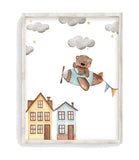 Bear Flying Airplane Watercolor Nursery Decor Unframed Print