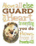Hedgehog Woodland Animal Christian Nursery Decor Unframed Print Above all else Guard your Heart - Proverbs 4:23