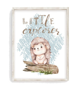 Little Explorer Watercolor Hedgehog Woodland Animals Nursery Unframed Print Rustic Country Boho Baby Decor