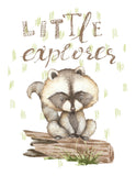 Little Explorer Watercolor Raccoon Woodland Animals Nursery Unframed Print Rustic Country Boho Baby Decor