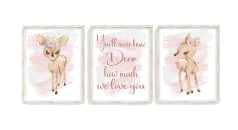 Watercolor Baby Deer in Blush Pink Nursery Decor Set of 3 Unframed Prints You'll Never Know Deer How Much We Love You