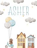 Bear on Scooter with Balloons Personalized Watercolor Nursery Decor Unframed Print