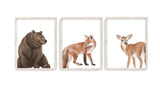 Watercolor Woodland Animals Nursery Set of 3 Unframed Prints Bear Fox and Deer