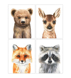 Woodland Animals Mom and Babies with Birch Tree Nursery Set of 4 Unframed Prints - Bear, Raccoon, Deer and Fox
