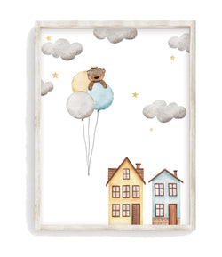 Bear Floating on Balloons Watercolor Nursery Decor Unframed Print