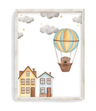 Bear in Hot Air Balloon Blue and Yellow Watercolor Nursery Decor Unframed Print
