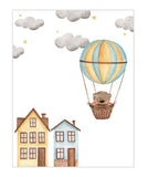 Bear in Hot Air Balloon Blue and Yellow Watercolor Nursery Decor Unframed Print