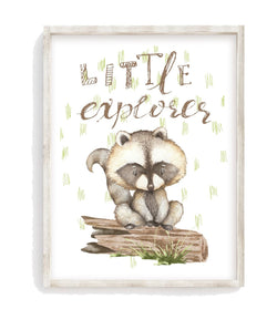 Little Explorer Watercolor Raccoon Woodland Animals Nursery Unframed Print Rustic Country Boho Baby Decor