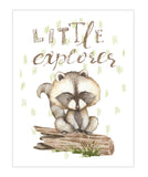 Little Explorer Watercolor Raccoon Woodland Animals Nursery Unframed Print Rustic Country Boho Baby Decor