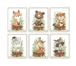 Watercolor Woodland Animals Nursery Set of 6 Unframed Prints Bear Raccoon Fox Beaver Rabbit and Deer with Greenery