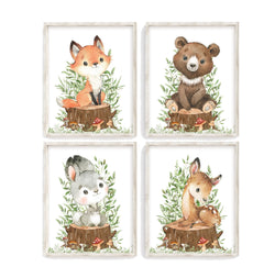 Watercolor Woodland Animals Nursery Set of 4 Unframed Prints Bear Fox Rabbit and Deer with Greenery