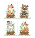 Watercolor Woodland Animals Nursery Set of 4 Unframed Prints Bear Fox Rabbit and Deer with Greenery