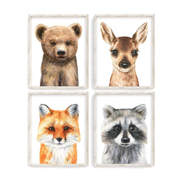 Woodland Animals Mom and Babies with Birch Tree Nursery Set of 4 Unframed Prints - Bear, Raccoon, Deer and Fox