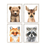 Woodland Animals Nursery Set of 4 Unframed Prints - Bear, Raccoon, Deer and Fox