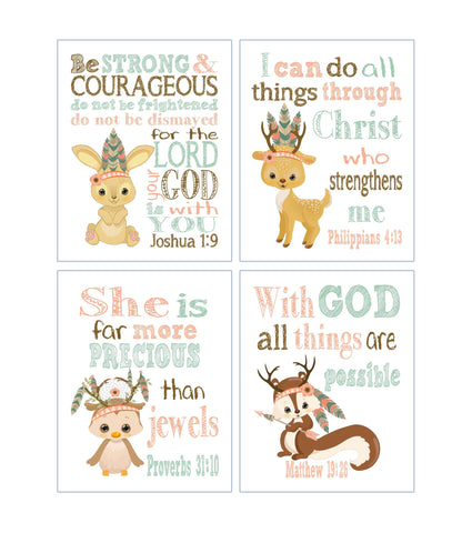Boho Tibal Woodland Christian Nursery Decor Set of 4 Unframed Prints - Owl, Deer, Rabbit, Squirrel with Bible Verses