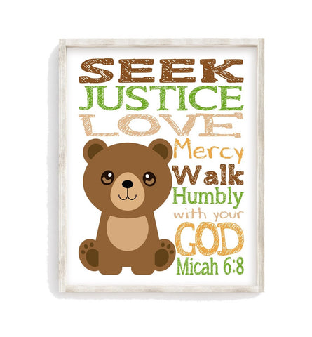 Bear Woodland Animal Christian Nursery Decor Unframed Print - Seek Justice Love Mercy Walk Humbly With Your God - Micah 6:8