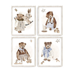 Vintage Teddy Bear Nursery Art Decor Set of Unframed 4 Prints Gender Neutral Bears with Wooden Toys