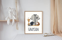 Personalized Watercolor Baseball Nursery Decor Wall Art Print - Custom Sports Baseball Helmet Bat - Navy Blue with Cream Background